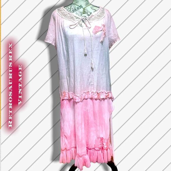Custom Pink Tie Dye Shabby Chic Upcycled Boho Drop Waist Dress, Kate Blossom XL - Picture 2 of 9